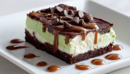A decadent mint chocolate dessert bar, layered with creamy mint, white, and dark chocolate, drizzled with caramel sauce and topped with chocolate chips