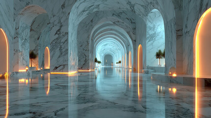 3d rendering. Marble corridor with columns stretching into the distance with neon lights on the sides. Background for your design.