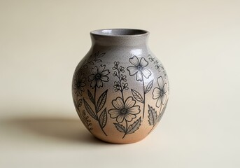Ceramic Vase with Flowers Design on Neutral Background