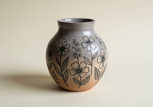 Ceramic Vase with Flowers Design on Neutral Background