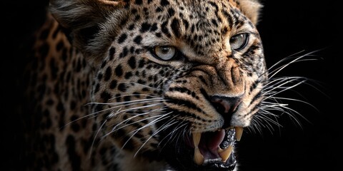 Obraz premium The fierce leopard showcasing its powerful and striking features in dark surroundings.