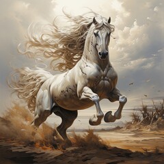 Majestic Andalusian Horse Galloping Through a Dusty Desert Landscape, Expressing Freedom and Power