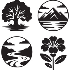 Art of set of stylized black and white nature icons featuring a tree, mountains, river, and flower, representing natural elements and landscapes