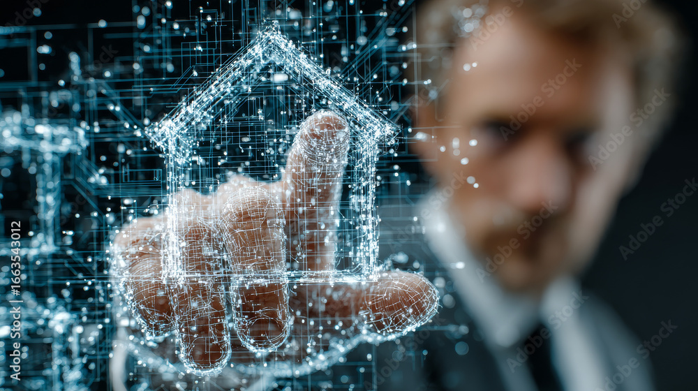 Wall mural businessman on blurred background using smart home digital interface 3d rendering