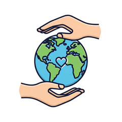 Two caring hands gently holding the planet earth with a heart symbol in the middle transparent background