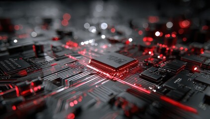 Close-up view of a circuit board with a central processor chip, highlighted by glowing red lines and details.  Dark background with blurred lights.  Intricate network of conductive pathways