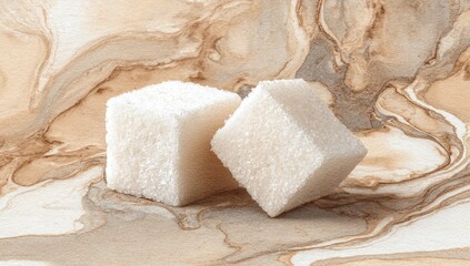 Two sugar cubes rest on a marbled surface