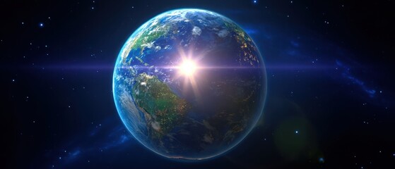 Obraz premium The Earth illuminated by a radiant sunrise in the cosmos.