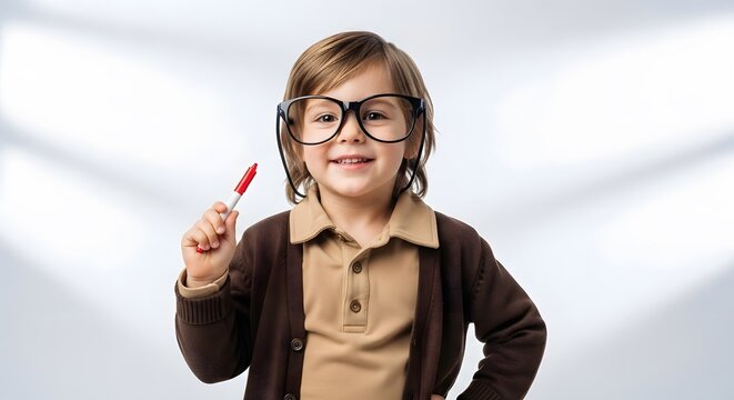 Adorable toddler, dressed in a cardigan and polo shirt, smiles brightly while holding a red marker. Large glasses add to his charming professorial look. A joyful and playful portrait.
