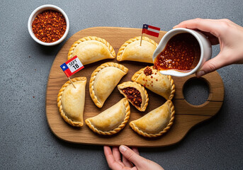 Naklejka premium Empanadas served on a wooden board with sauce and chilean flags for the independence day celebration