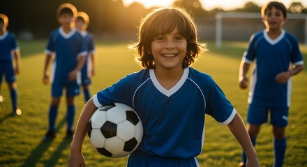 Smiling young soccer player holds ball, teammates blurred in background, golden hour light bathes the scene. Joyful atmosphere of youth sports shines through.