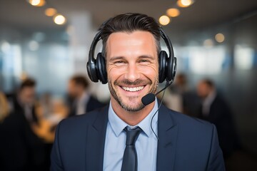 Smiling male call center agent wearing headset in busy office