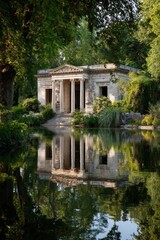 Obraz premium A light-filled garden pavilion, reflected perfectly in a still pond. Classical architecture, lush greenery surrounds the structure