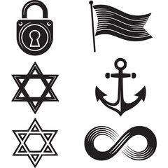 Art of assortment of six black graphic symbols including a padlock, star of david, anchor, flag, and infinity symbol, representing security, faith, maritime, and abstract concepts