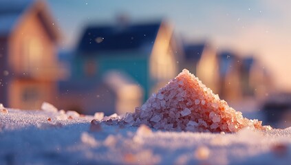 Pink Himalayan salt crystals atop snow, with out-of-focus pastel houses in the background. Soft sunlight