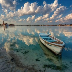 Obraz premium Calm Venetian lagoon, boat, clouds mirrored