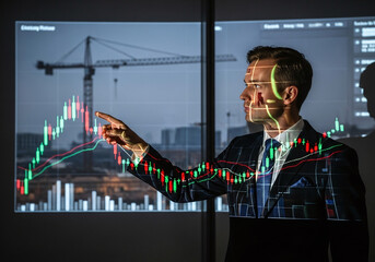 Man in suit pointing at stock market chart projected on screen with construction crane visible outside