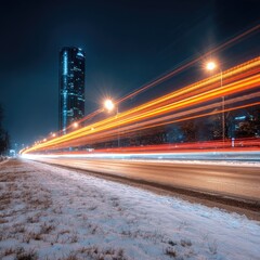Night city lights streak across a snowy road, with a tall building in the background