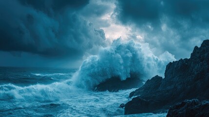 Powerful waves crashing against rocky shore during a stormy sea