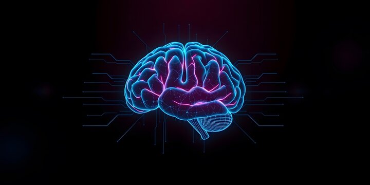 Artificial intelligence brain and circuit board background, glowing brain with subtle neon glow