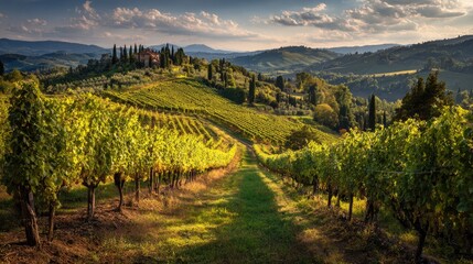 Fototapeta premium Tuscan vineyard landscape at sunset