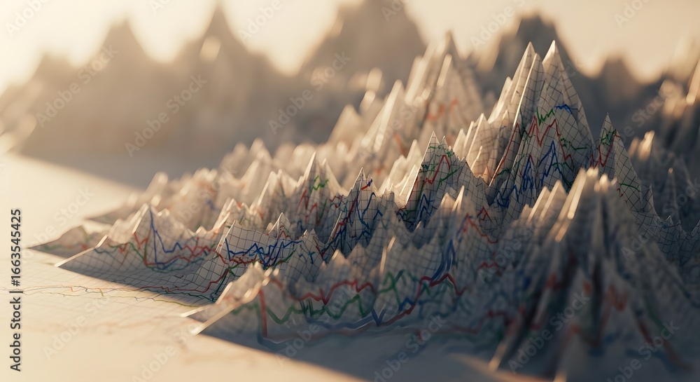 Poster market trends visualized as asurreal mountain range depicting financial data fluctuations and growth
