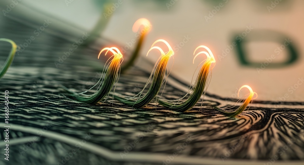 Poster illuminated filaments gracefully curve across a textured surface, their tips glowing with a warm, et