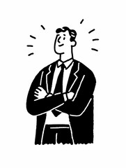 Monochrome minimalist doodle line art illustrating a confident business leader with a positive demeanor