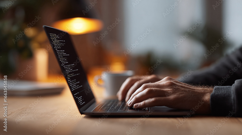 Poster coding at night. closeup of hands typing on a laptop with code on screen. represents software develo