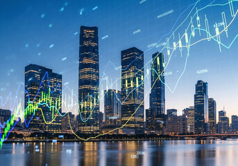City skyline with financial charts overlayed showing economic trends and market analysis data