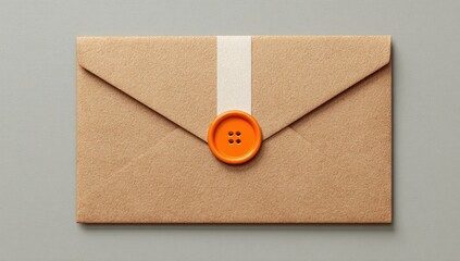 A light beige envelope with an orange button seal and white tape