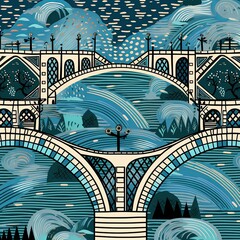 Fototapeta premium Stylized Bridge Landscape Whimsical River Crossing with Artistic Mountain Backdrop, Blue Tones