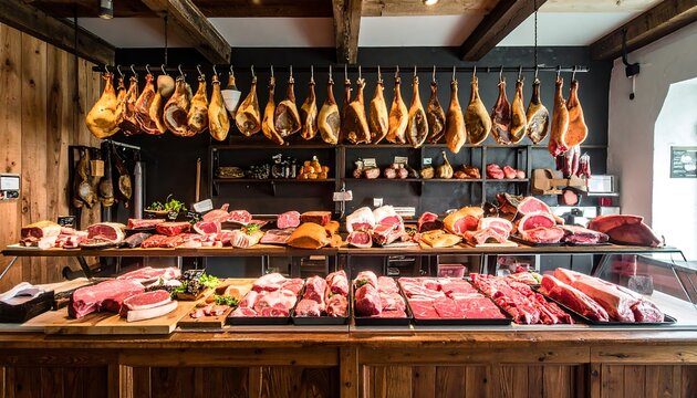 A butchery display showcasing various cuts of meat, from cured hams hanging overhead to fresh cuts arranged on wooden counters.
