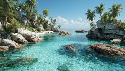 Tropical paradise cove. Crystal-clear turquoise water laps against rocky shoreline. Palm trees and lush vegetation line the beach, creating a serene escape