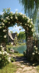 Whimsical archway garden leads to lake home