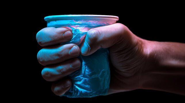 A hand tightly squeezing a plastic cup, causing it to deform. Stop plastic pollution, Global warming, Recycling plastic, Plastic free concept
