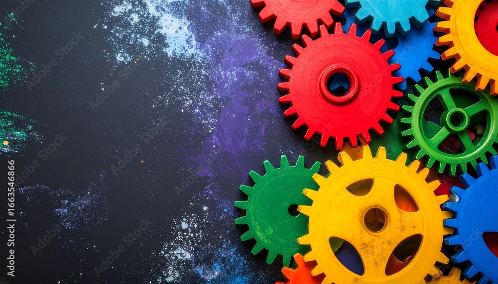 Poster colorful gears arranged on a dark surface with vibrant color splashes.