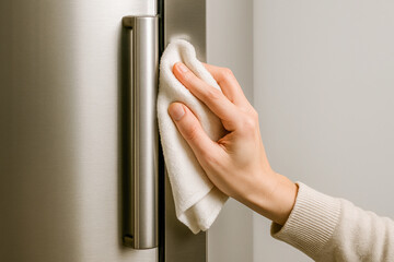 Hand wiping refrigerator handle with cloth, simple household cleaning, sanitation and hygiene at home for daily lifestyle chores and routine care.