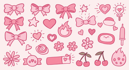 Cute pink doodle set: bows, hearts, stars, and more