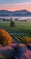 Misty morning vista over fields of vibrant green crops, with lavender and fall colors in the foreground