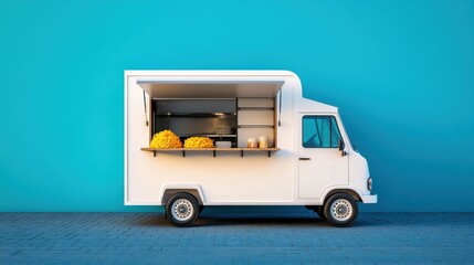 Street food truck serving snacks on modern blue background