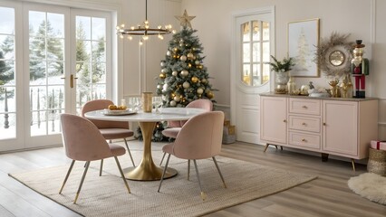 Modern Christmas dining room with oval quartz top table and elegant holiday styling for Texas Hill Country homes