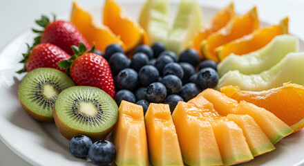 A platter of assorted fresh fruits featuring strawberries kiwi blueberries and melon slices on white plate