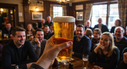 A hand raises a pint of beer in a pub with a crowd of smiling people in the background enjoying time