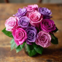 Obraz premium Vibrant bouquet of mixed lavender and pink roses in a clear vase