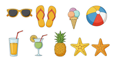 Summer essentials: tropical icons with beach gear and refreshing treats