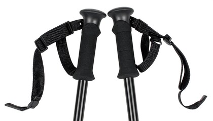 Two black hiking poles with adjustable straps, presented against a white backdrop, showcasing the ergonomic design and secure attachment mechanisms.