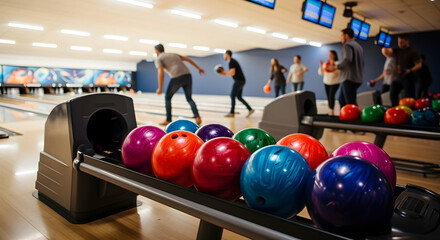 Bowling alley interior with colorful balls on glossy rack and playful players
