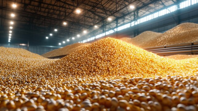 Huge piles of harvested corn kernels stored inside agricultural warehouse - Powered by Adobe