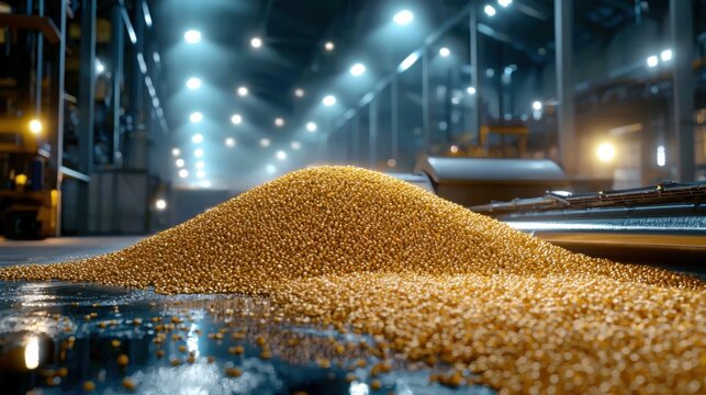 Large storage facility filled with golden corn grain for food production